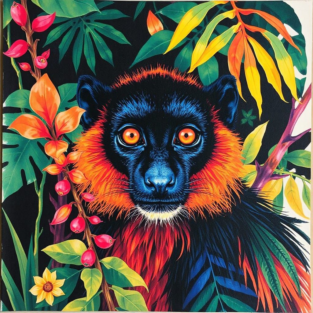 INKY DOUBLE EXPOSURE Magestic Colorful LEMUR, Jungle, Collagraphy, Esther Pissarro, ALAN KENNY