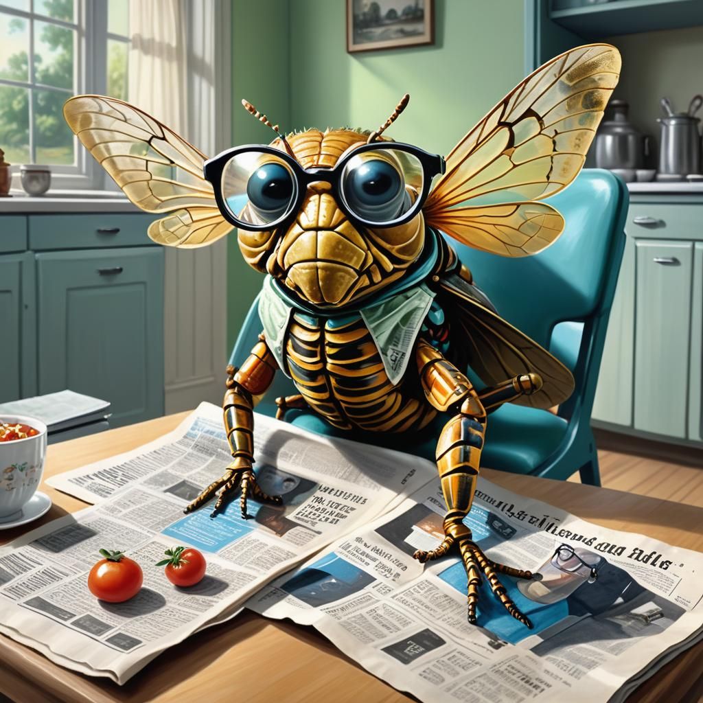 Cicada Reads Newspaper in 1950s Kitchen