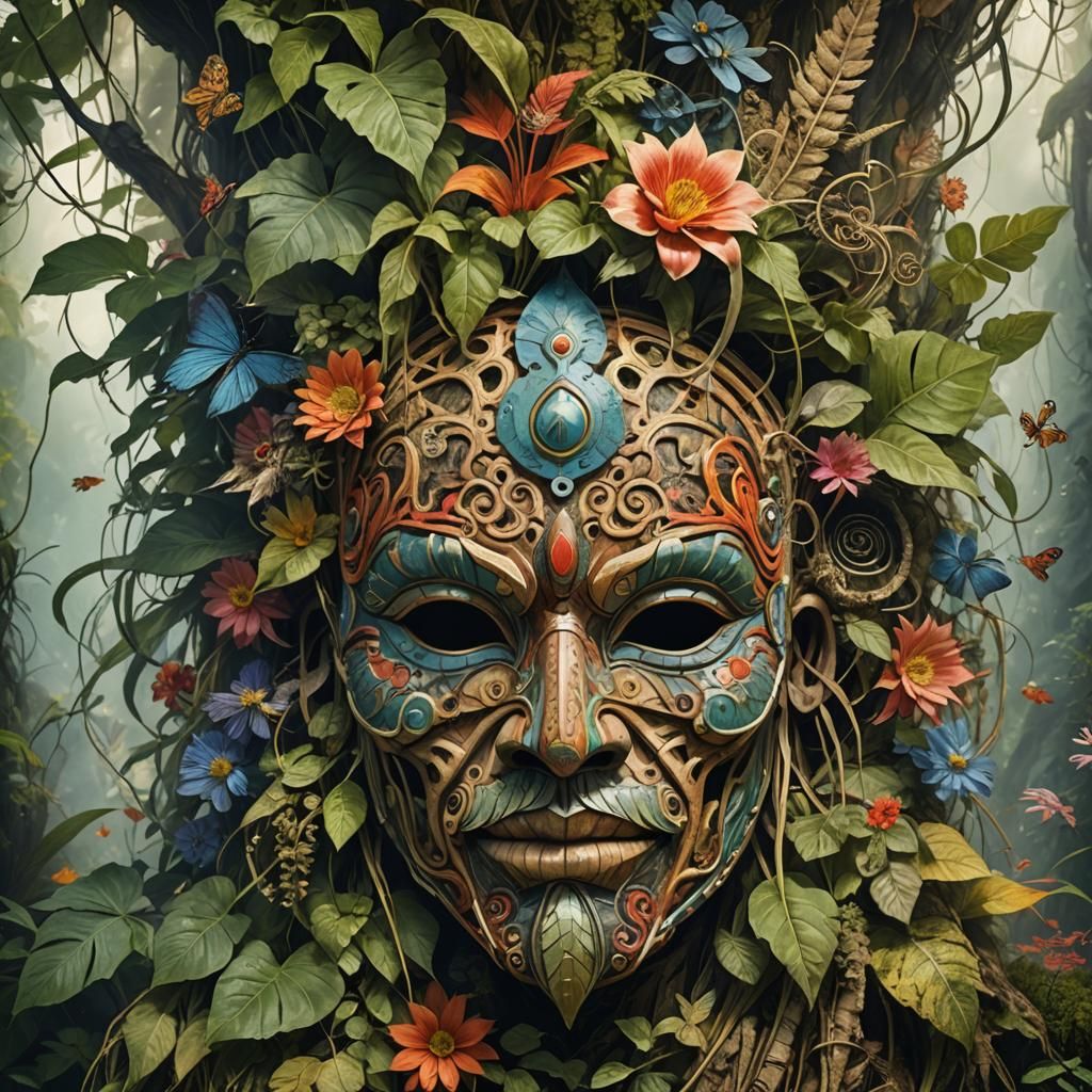 Tribal Straw Mask Close-Up in a Digital Painting