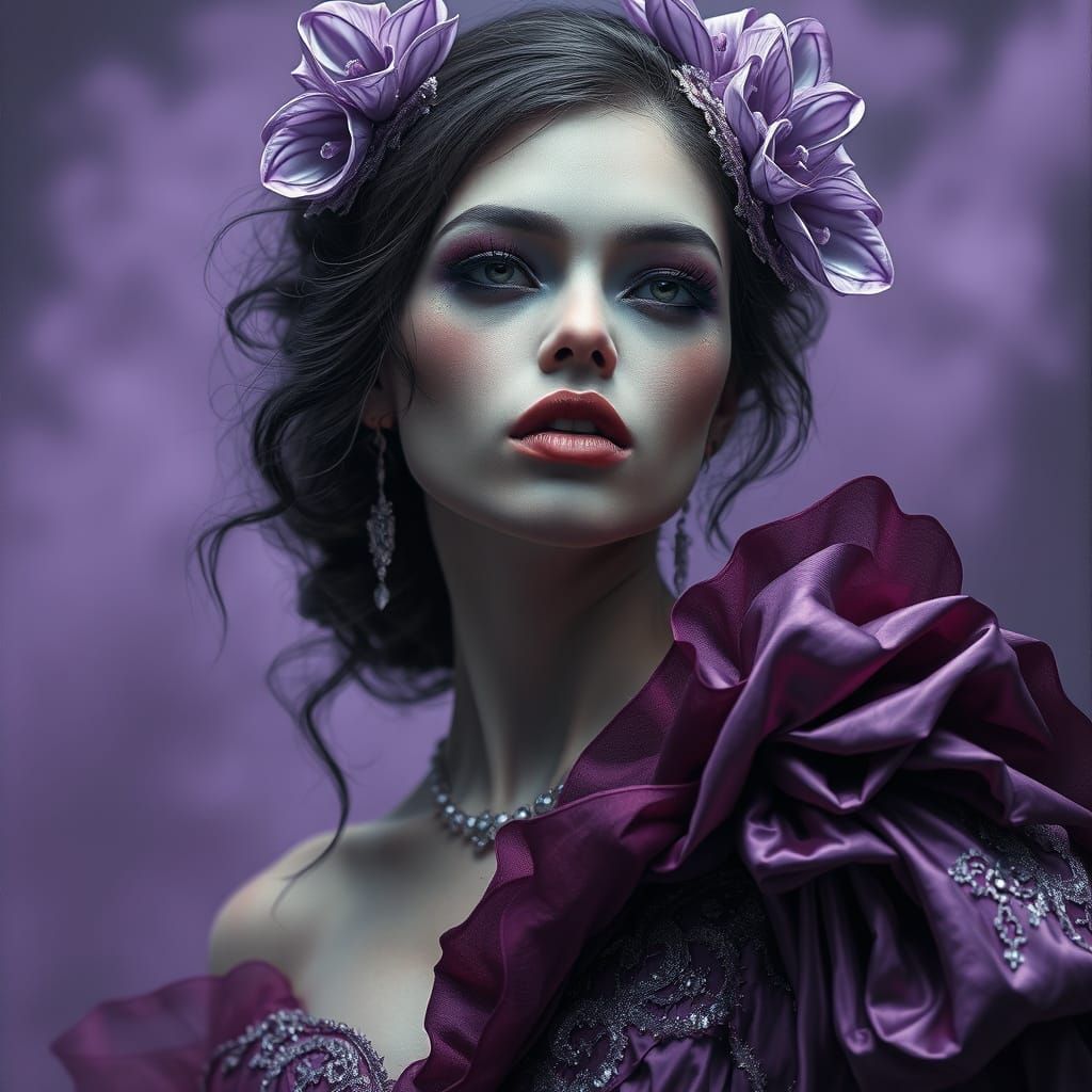 Hyper-Realistic Portrait of Futuristic Model in Plum Silk Go...