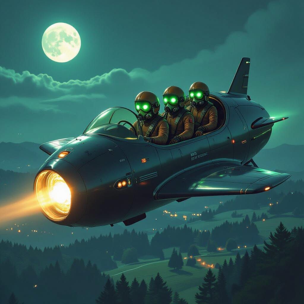 Futuristic Cylinder Craft Over Moonlit Landscape