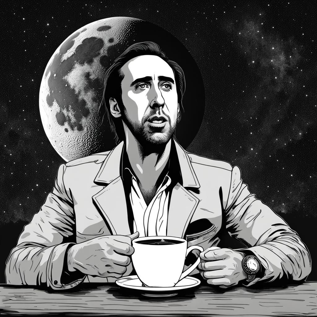 Colorful Nicolas Cage Coffee Break on the Moon