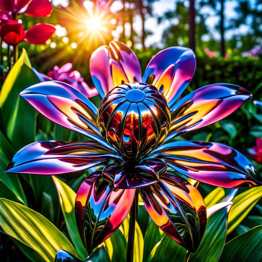 Vibrant Metal Flowers in Fantasy Garden