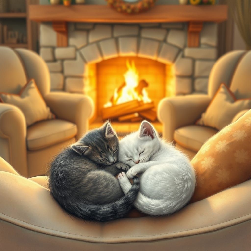 Sleeping Kittens in Front of Fireplace