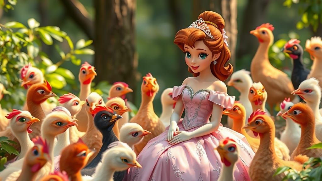 Disney-Style Princess Surrounded by Chickens