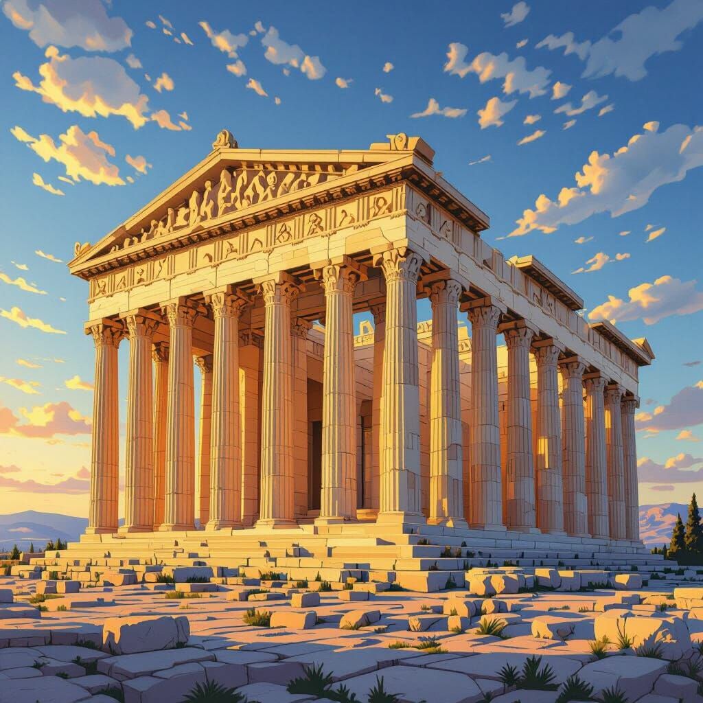 Majestic Parthenon in Golden Hour: Neoclassical Drawing