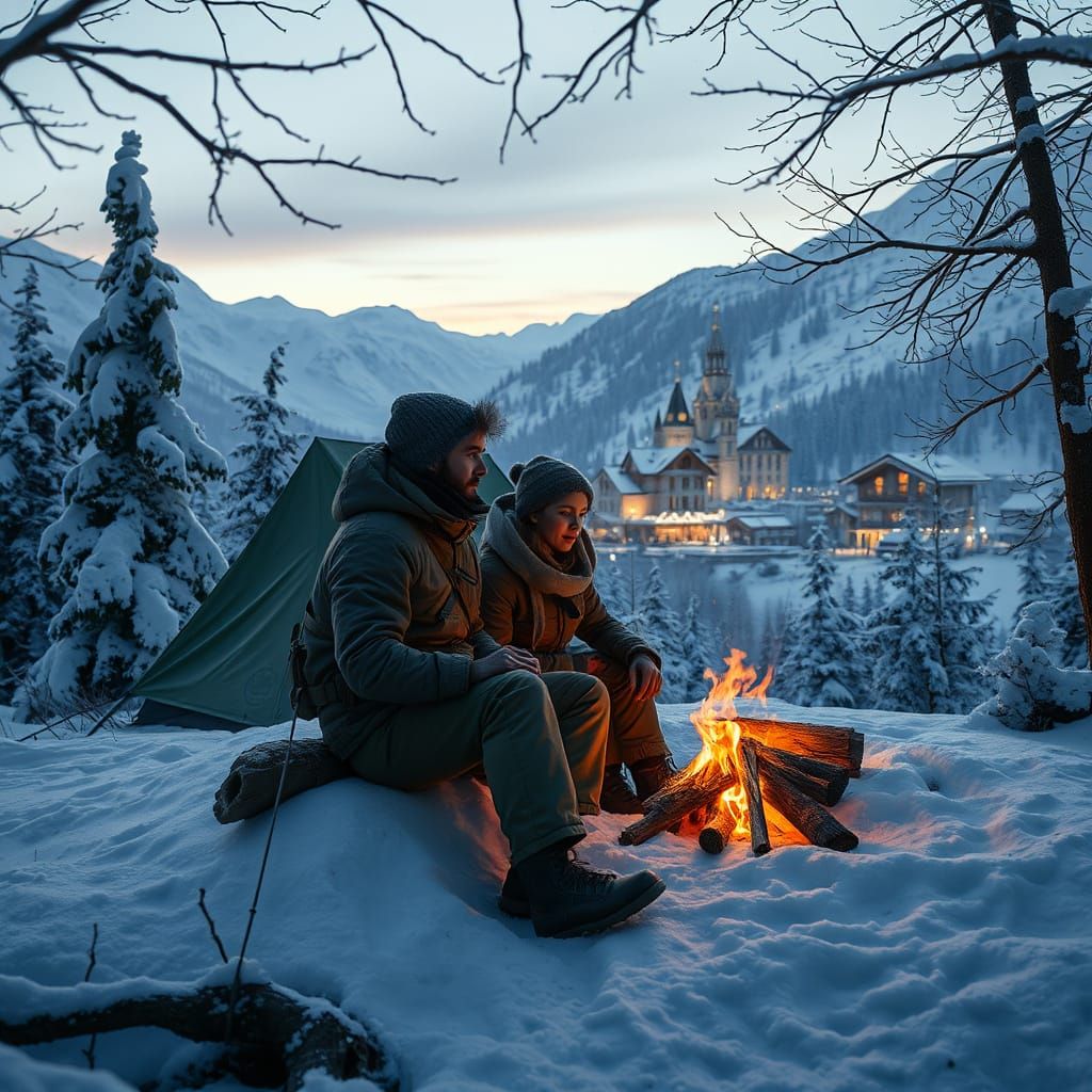 Winter Mountain Refuge in Earthy Tones and Soft Blues