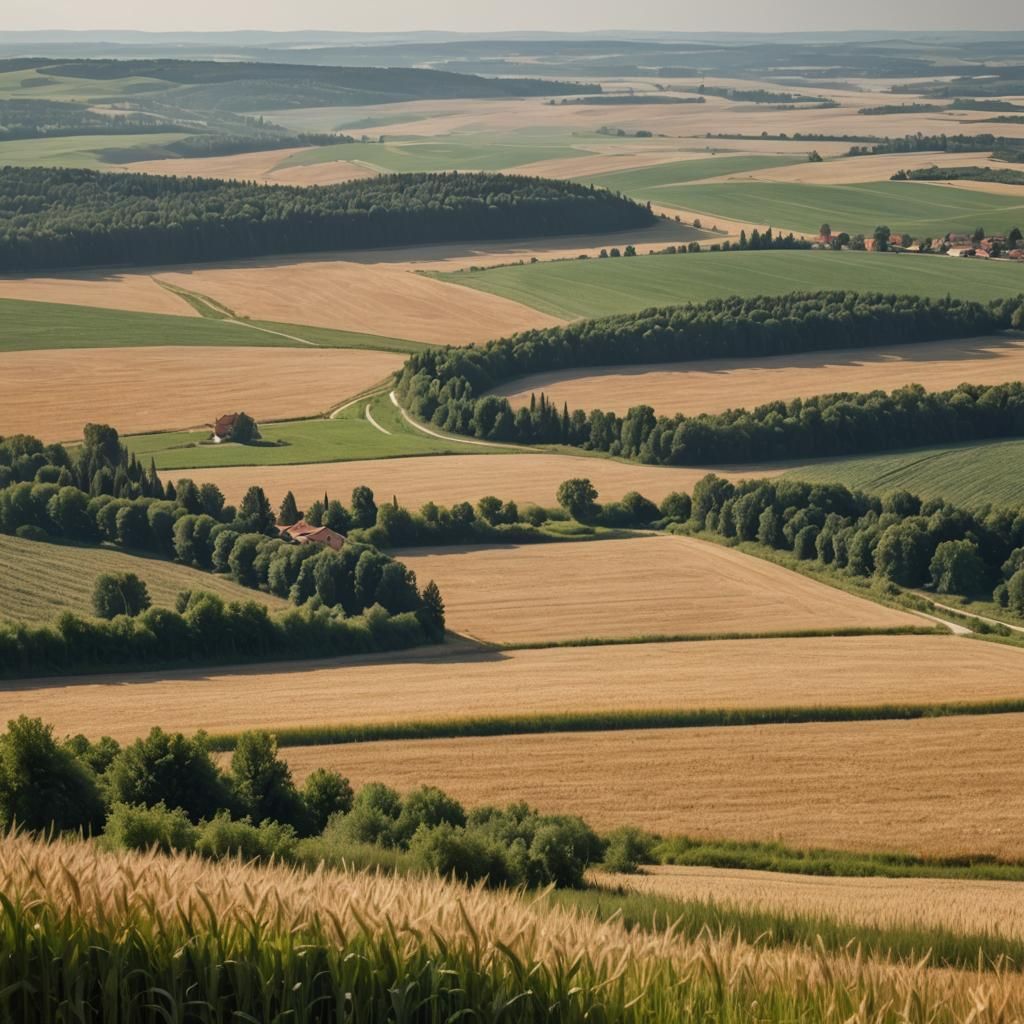European Village and Wheat Fields Landscape