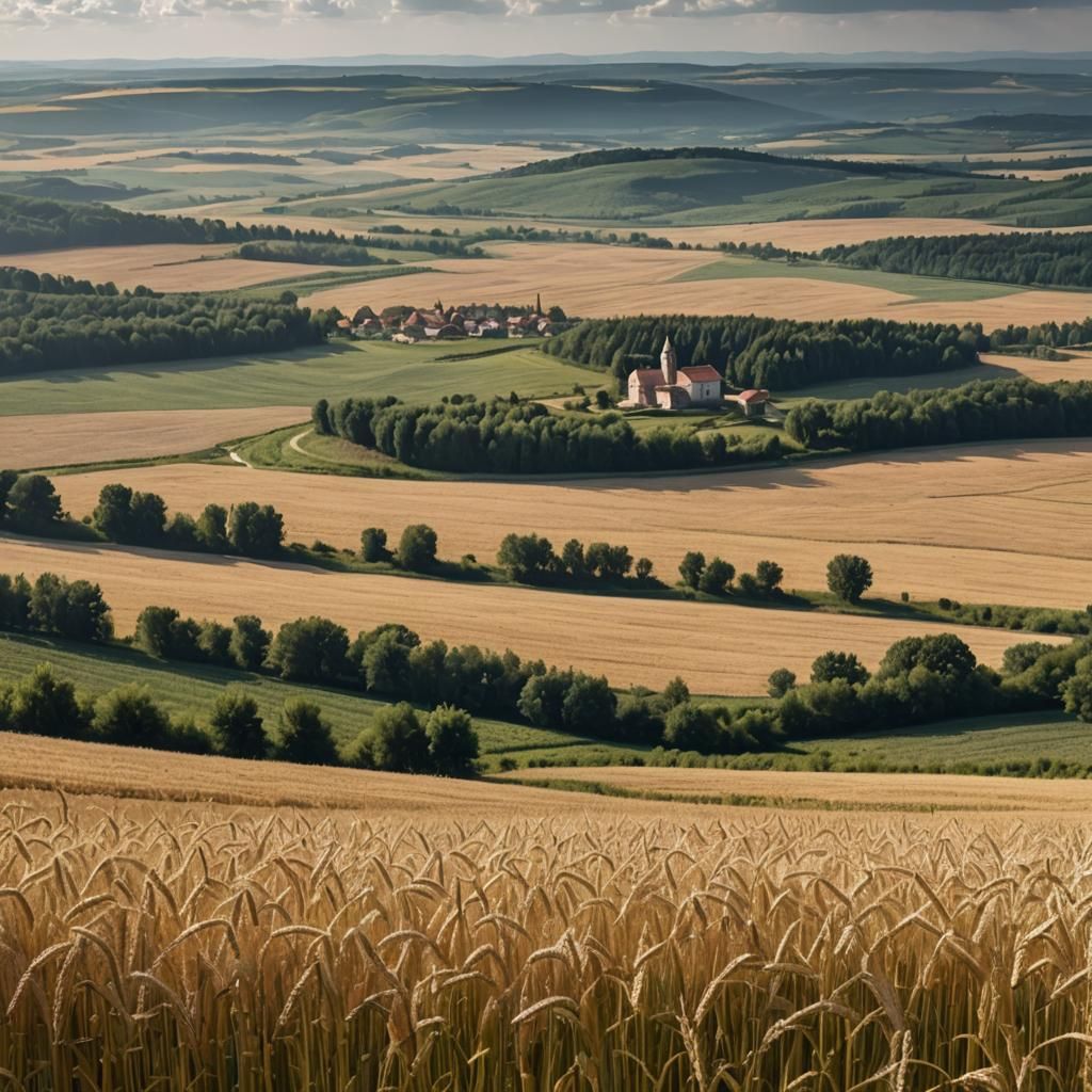 Wheat Fields and Village Landscape in Photo Style
