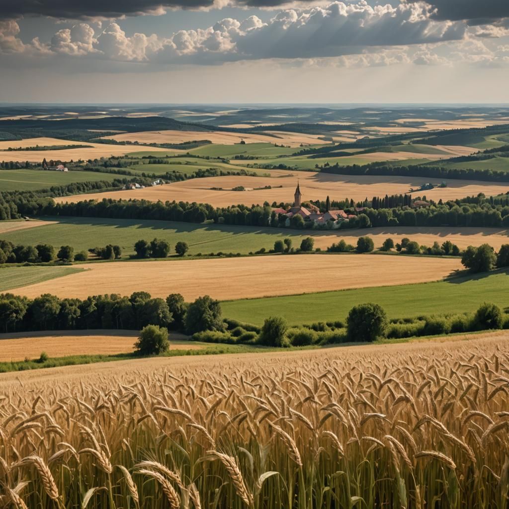 Wheat Fields and Village in Ultra-Realistic Style