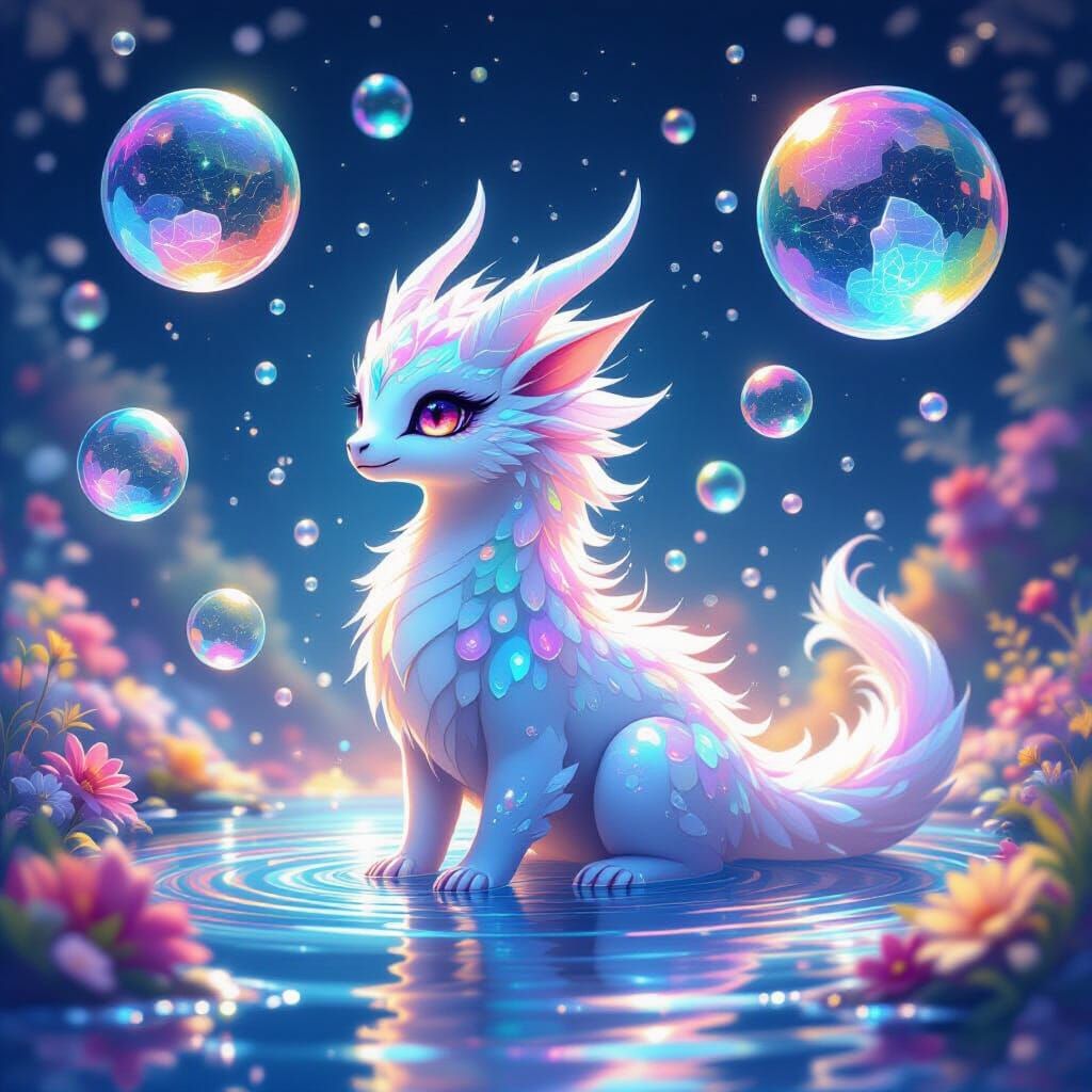 Rainbow Bubbles Surround Ethereal Creature in Dreamy Aura