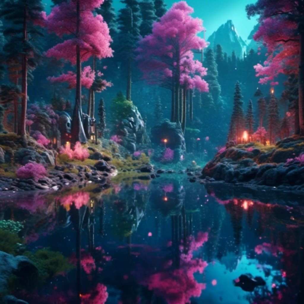 Magical Rocky Forest Path at Midnight