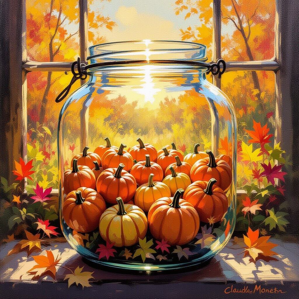 Miniature Pumpkin Patch in Cracked Jar, Impressionist Style