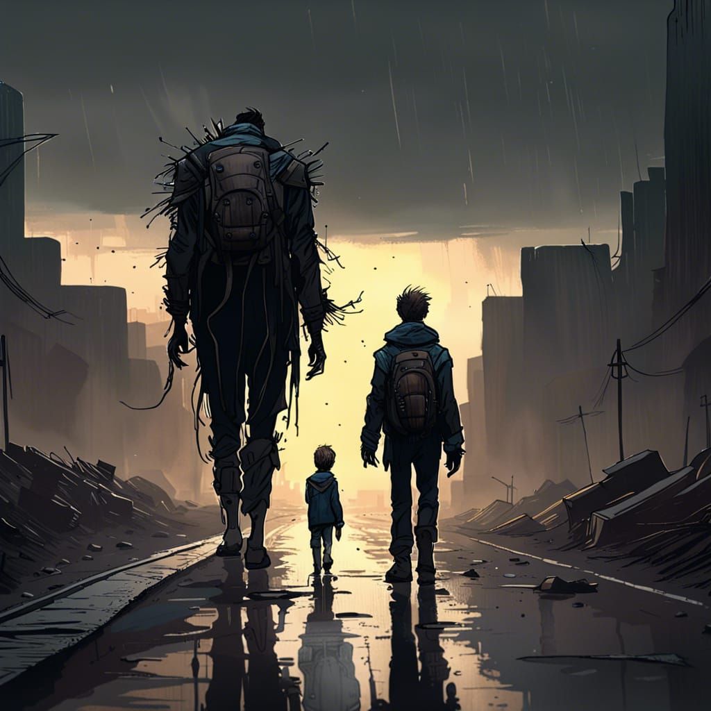 Dystopian Road Scene: Father and Son in Desolation