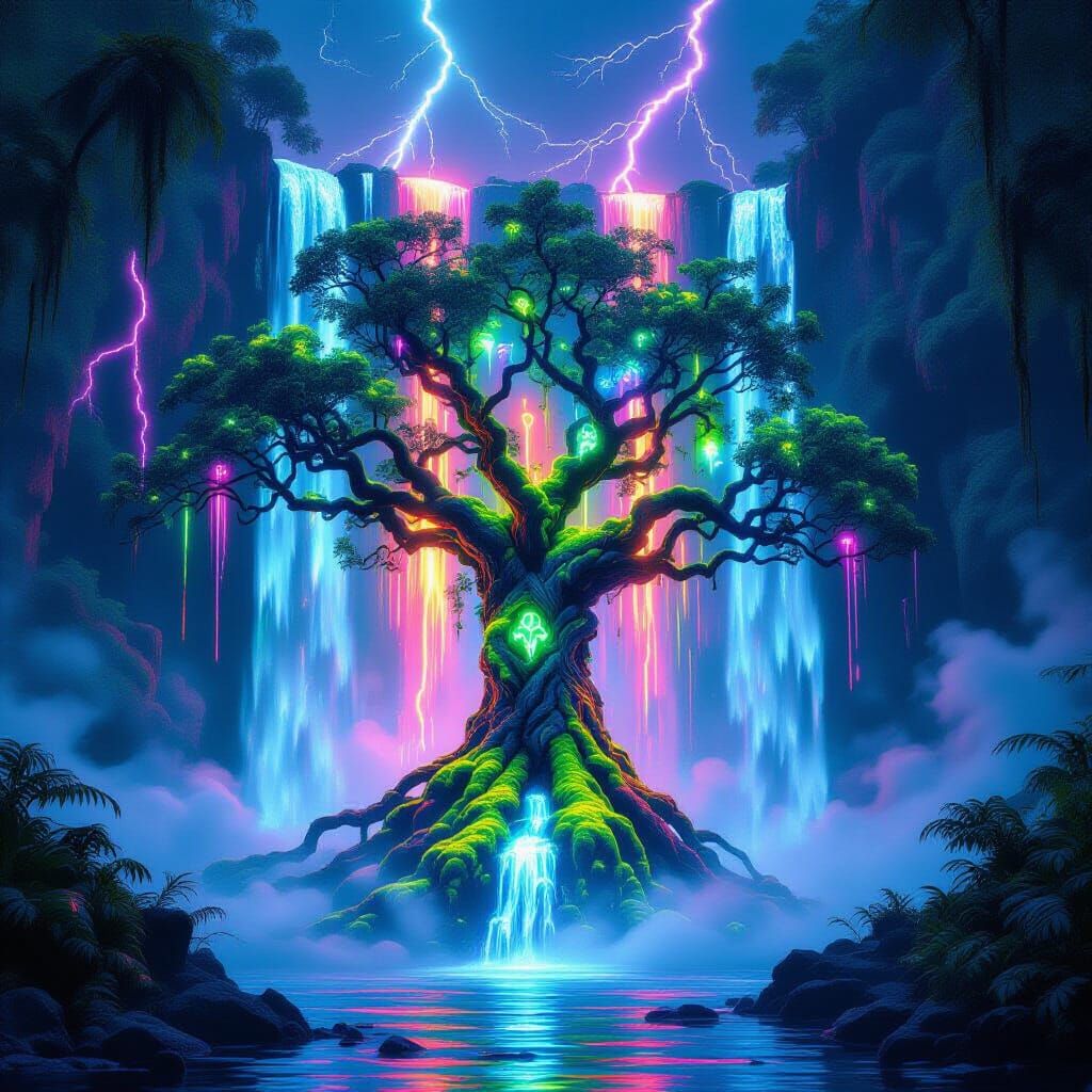 Psychedelic Neon Waterfall with Necromancer Tree