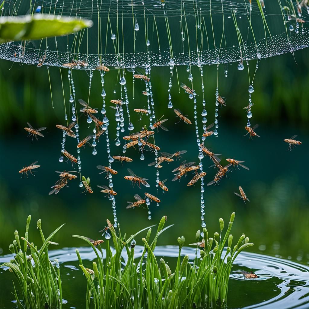 Mosquitoes Trapped in Dewdrop Above Pond