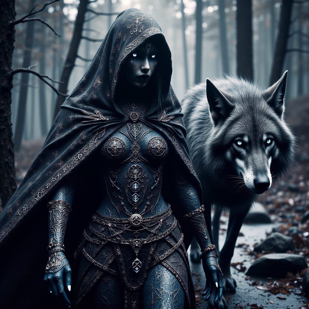 Viking Warrior Goddess with Wolf in Dark Hyperrealistic Land...