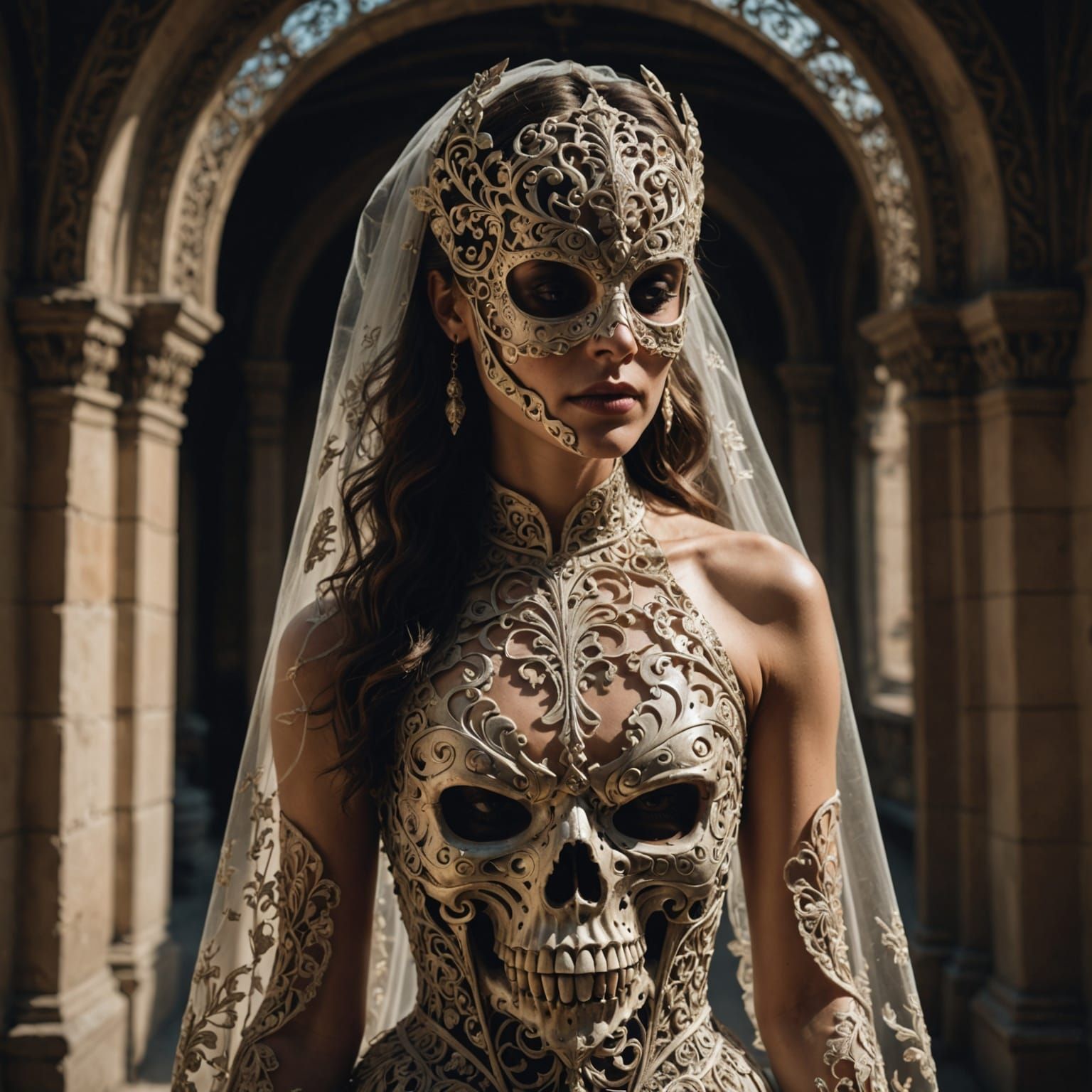 Woman in Ornate Skull Mask and Sheer Dress