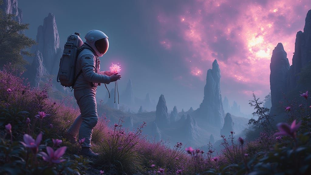 Astronaut Explores Alien Jungle with Bioluminescent Flora