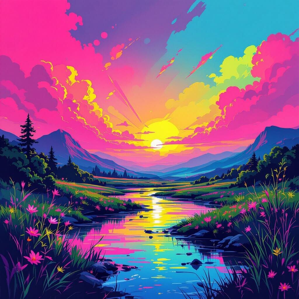 Vibrant Neon Abstract Landscape with Lush Greens