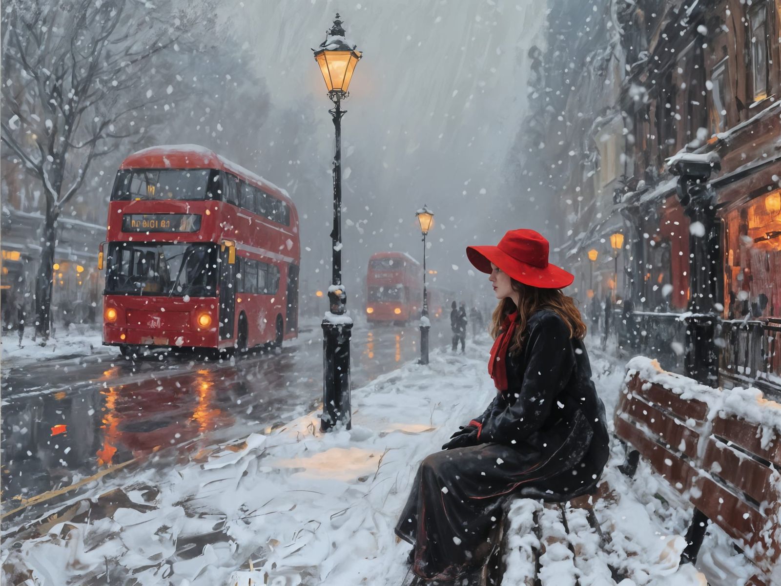 Melancholic Winter Scene Painting with Woman in Red Hat