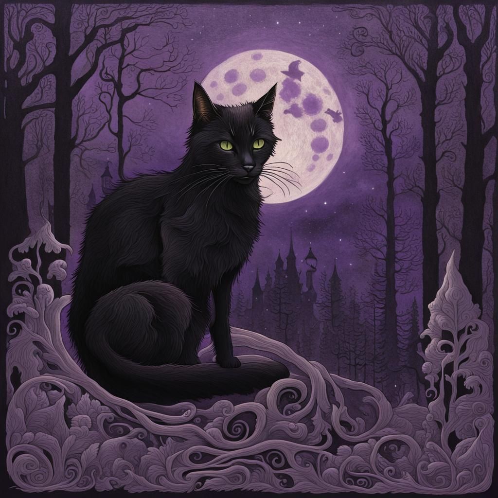 Mystical Black Cat and Witch in Forest