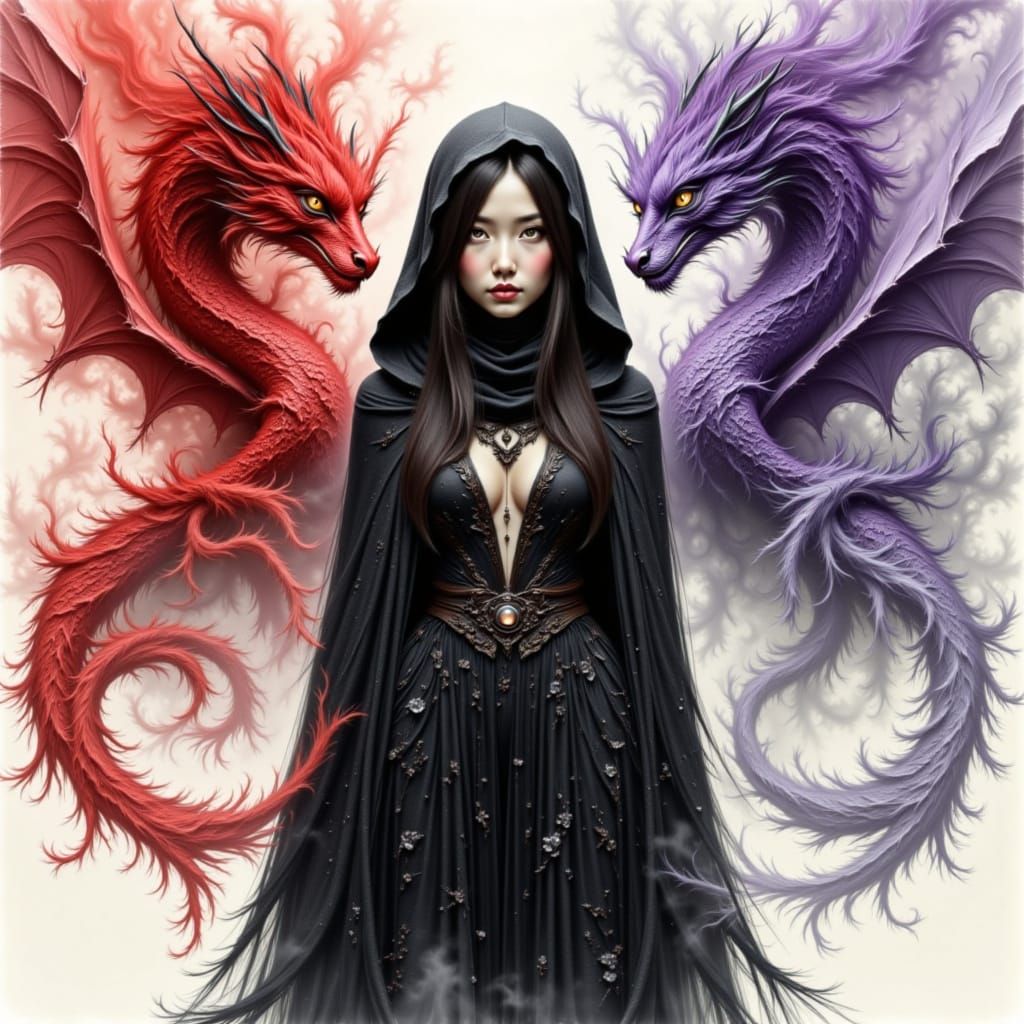 Enchanting Witch Maiden with Dragons in Charcoal Style