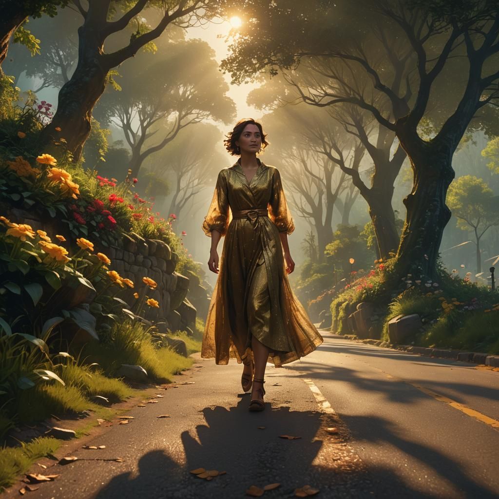 Person Walks Confidently on Road in Golden Sunlight