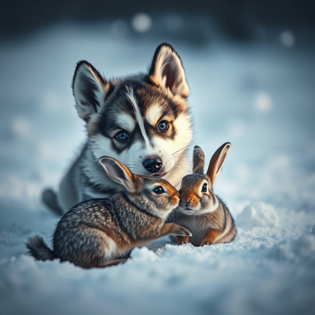 Husky Puppy and Rabbit in Winter Wonderland