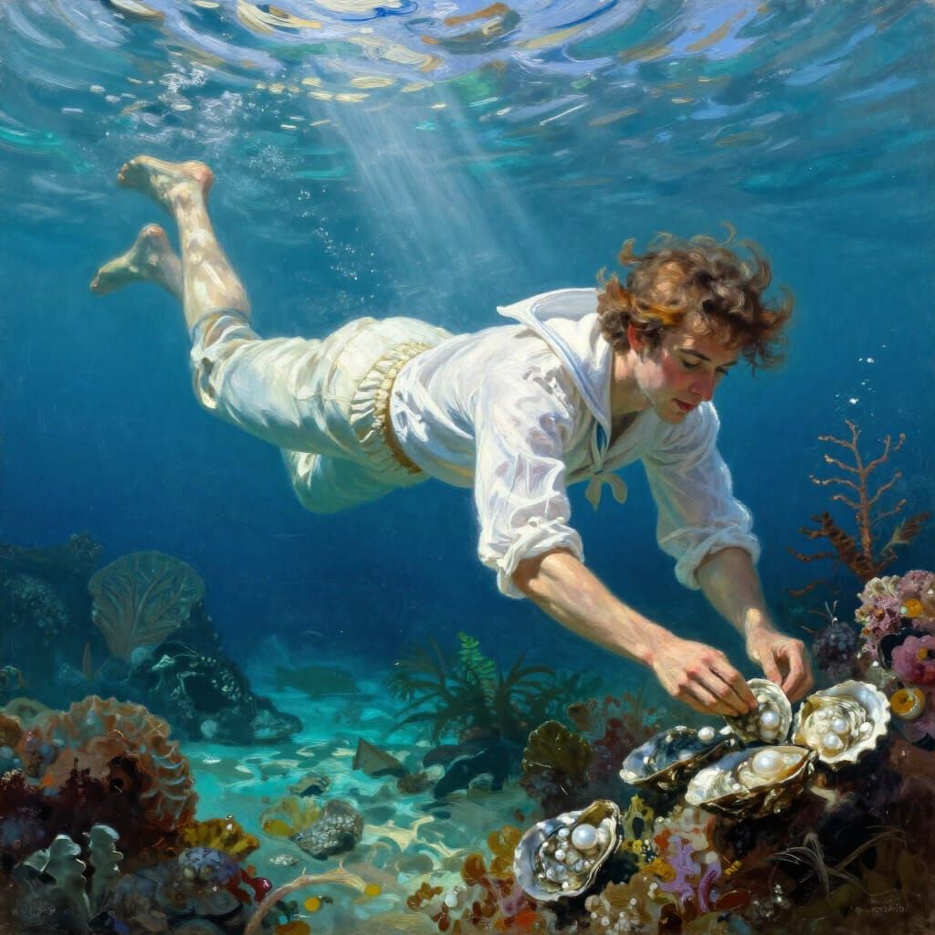 Regency Sailor Collects Pearl Oysters Underwater