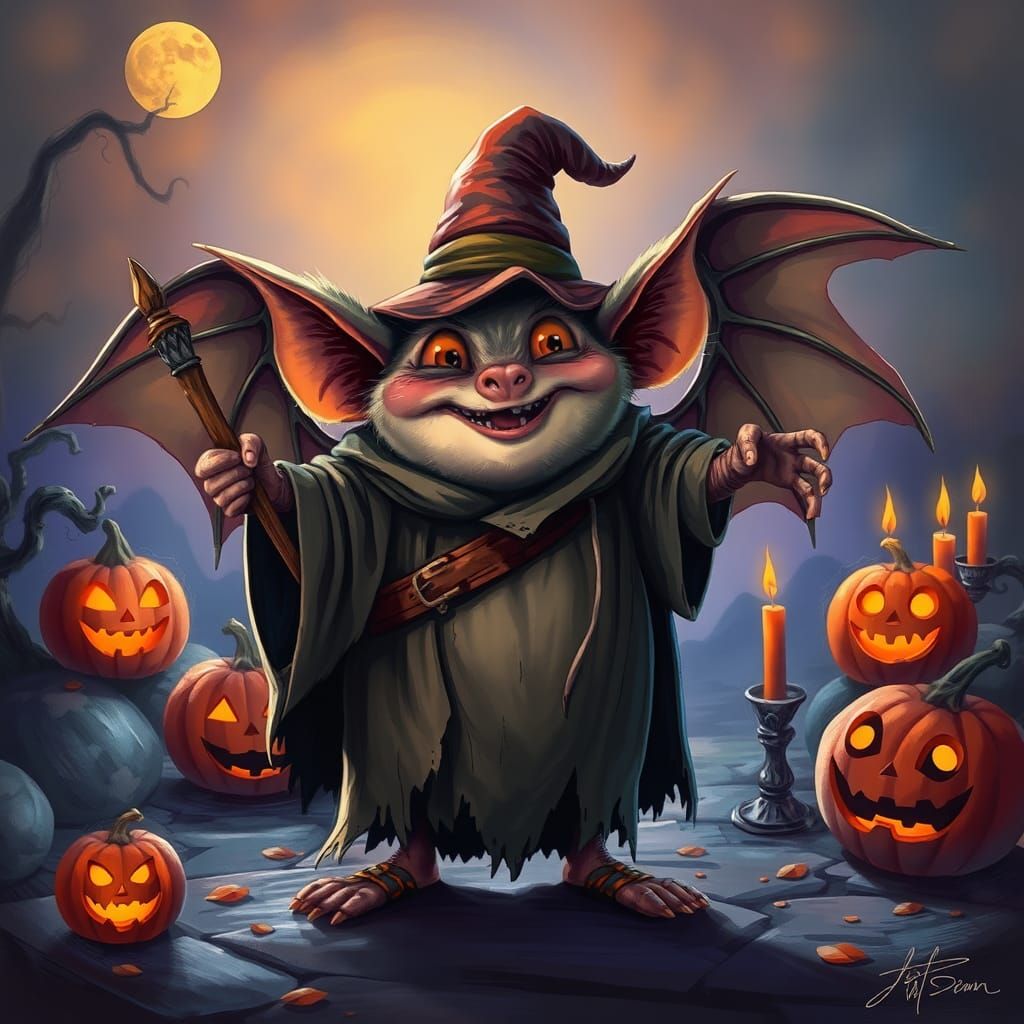 Happy Halloween Series - a young chubby, happy bat dressed i...