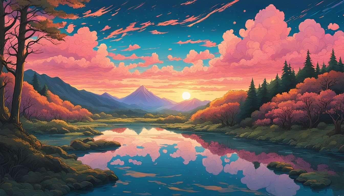 Winter Mountains and Stream in Ghibli Anime Style