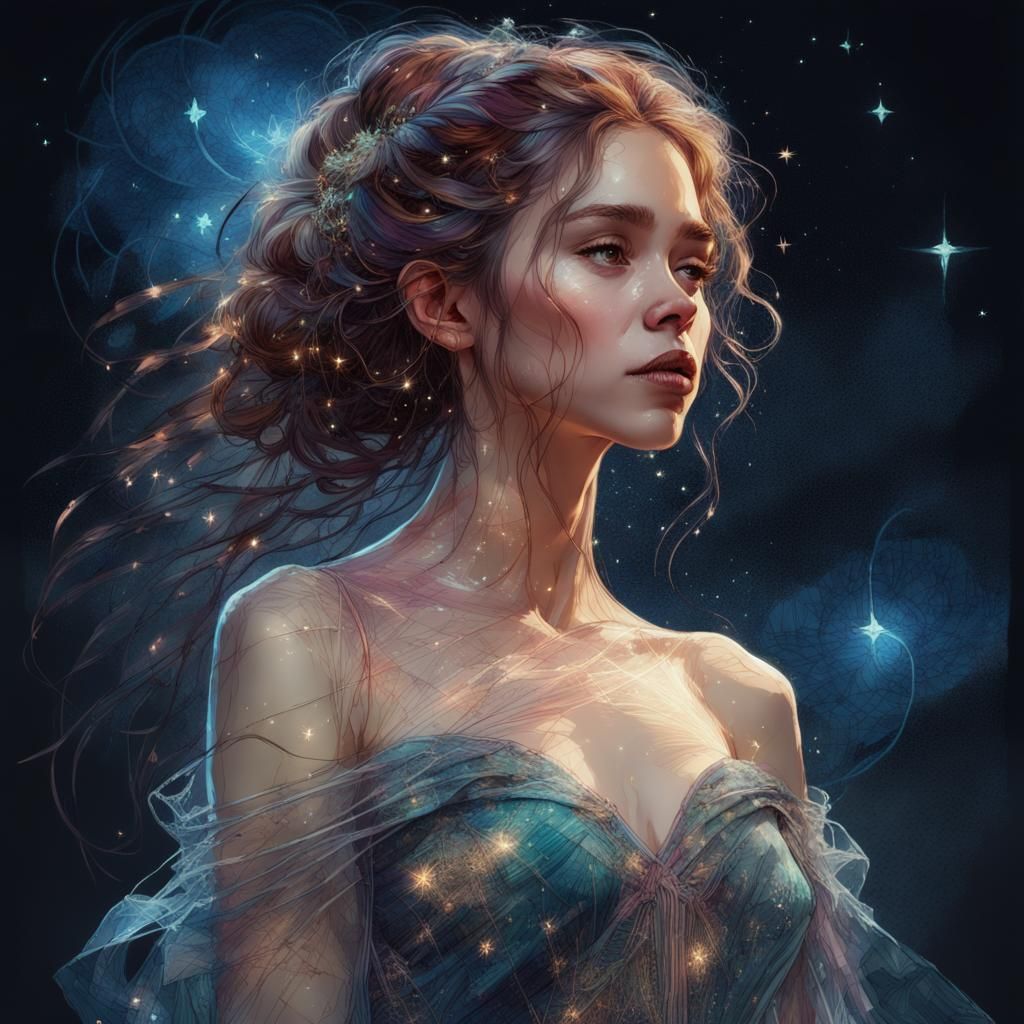 Gorgeous Princess in Starry Night, Digital Art