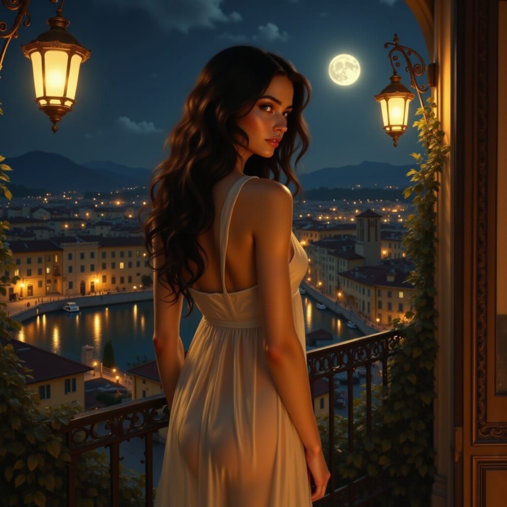 Sensual Woman in Silk Dress on Balcony, Renaissance City Vie...