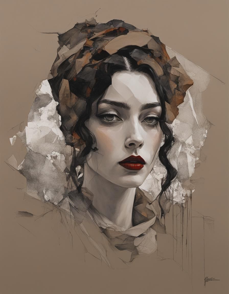 Elegant Goth Girl Portrait in Impasto Style