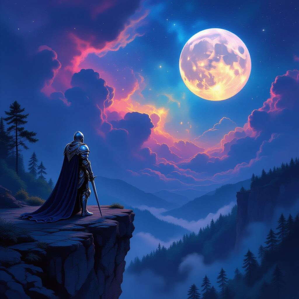 Knight Gazing at Nebula on Cliff Edge