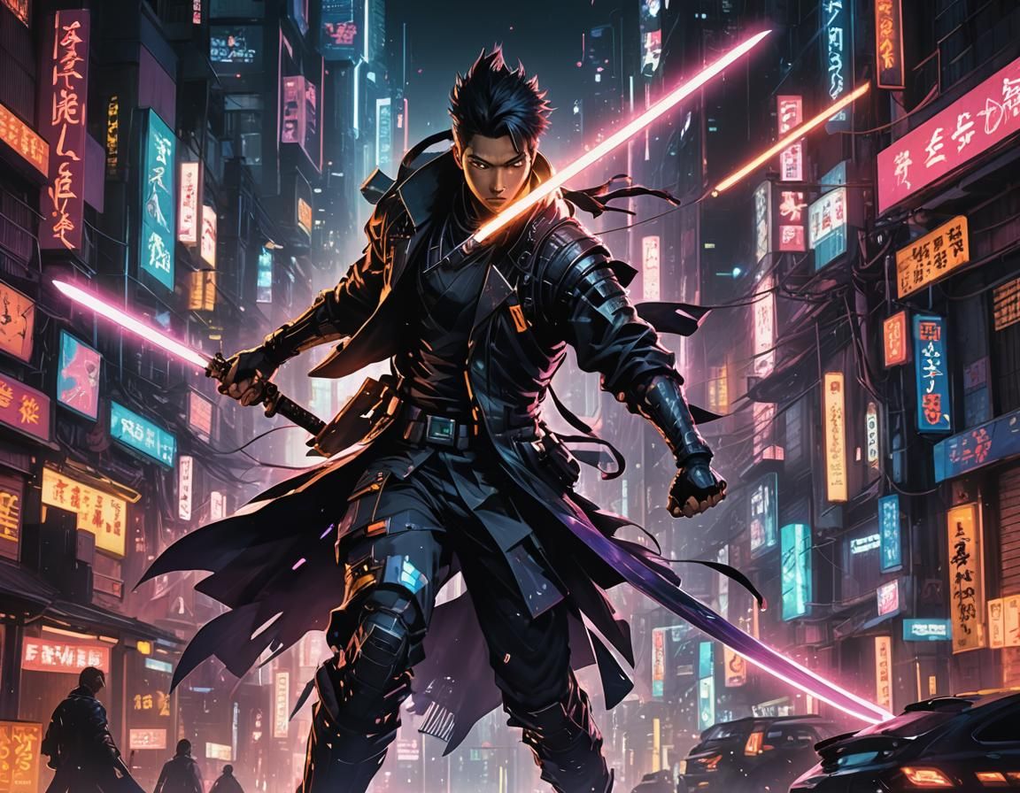 Cyberpunk Swordsman Action Scene in Manga Style