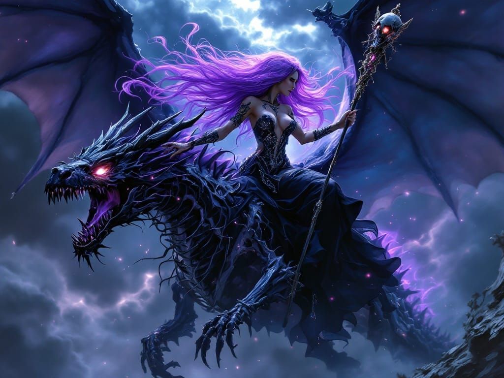 Cyberpunk Queen Riding Skeletal Dragon in Stormy Sky