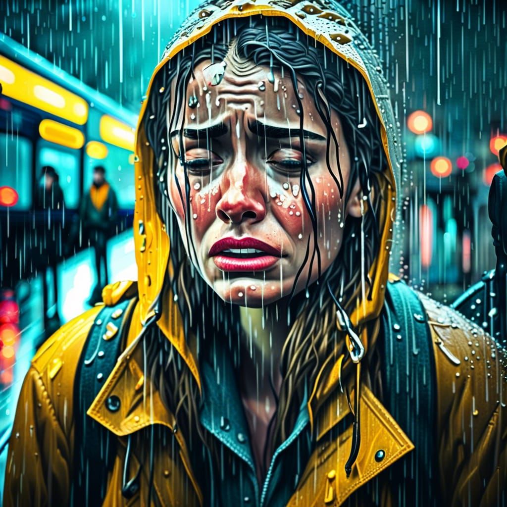 Woman Crying in Rain: Hyperrealistic Cinematic Portrait