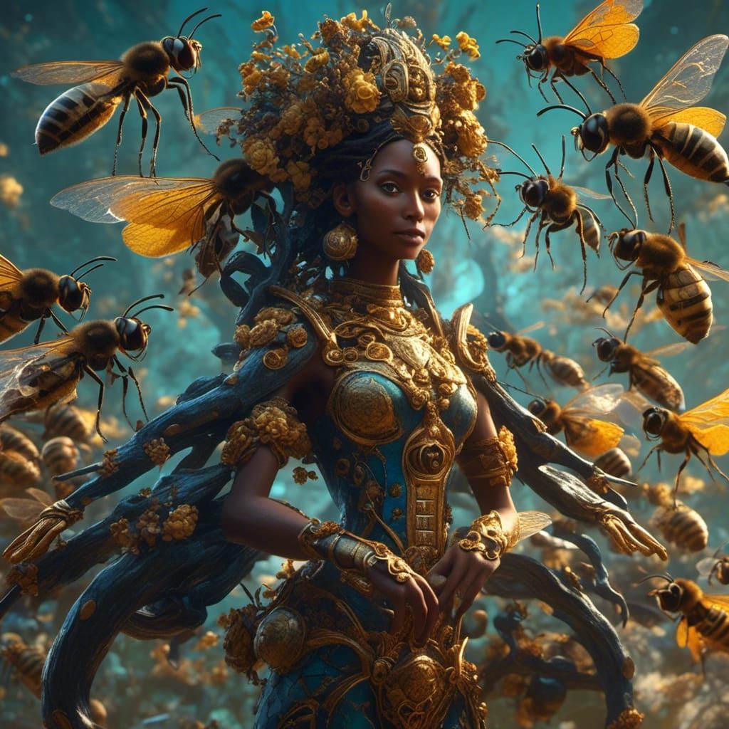 Four-Armed Goddess of Bees in Dark Fantasy Style