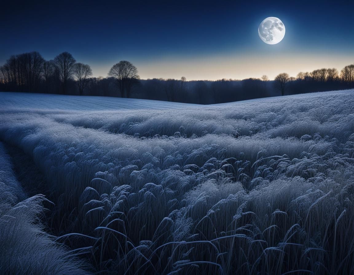 Moonlit Frost on Autumn Fields at Midnight