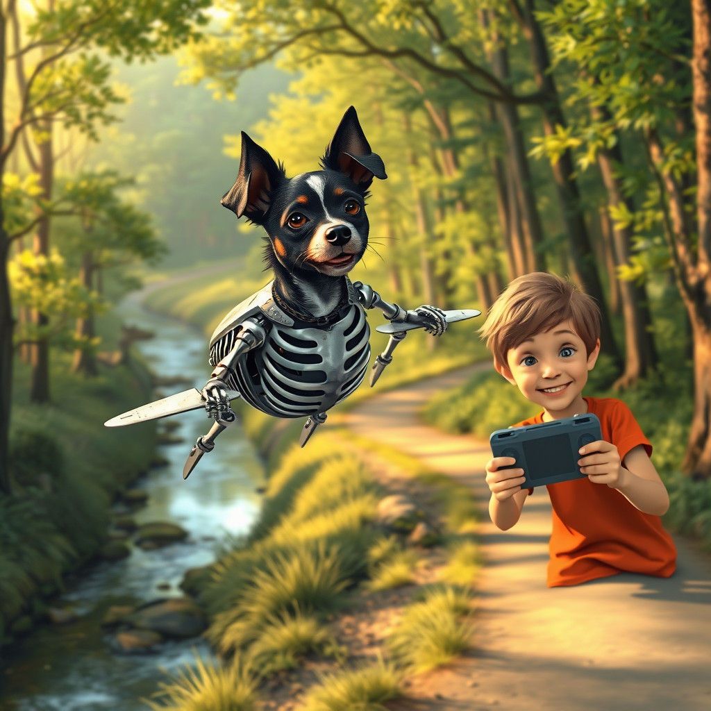 Robot Dog-Plane Soars Over Forest: A Whimsical Scene