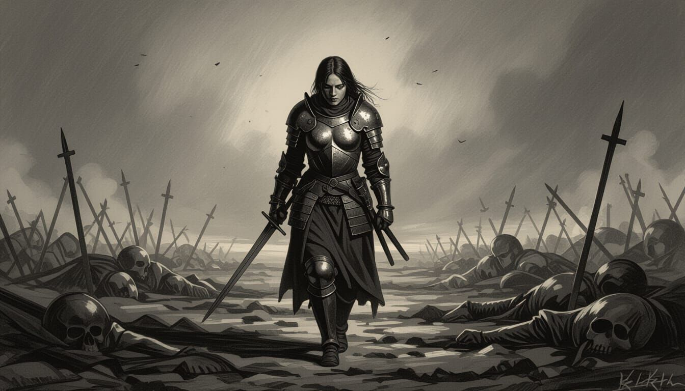 Lone Warrior on Desolate Battlefield in Charcoal Drawing Sty...