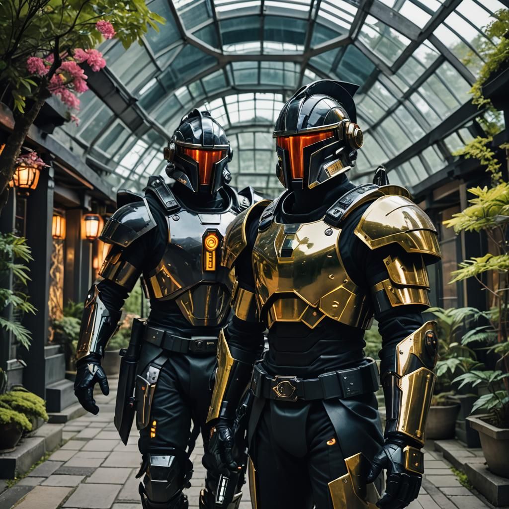 Cyberpunk Spartan Warrior in Neo-Classical Hallway