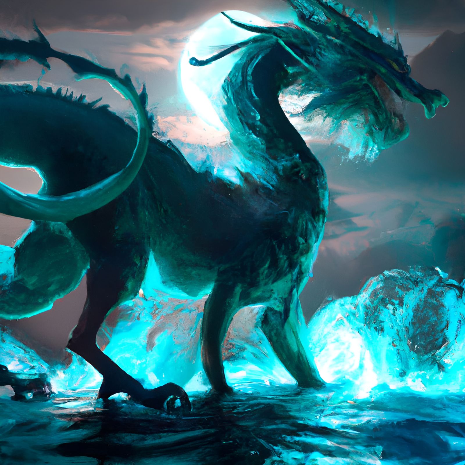 Majestic Blue Kirin Under Moonlight in Fantasy Art