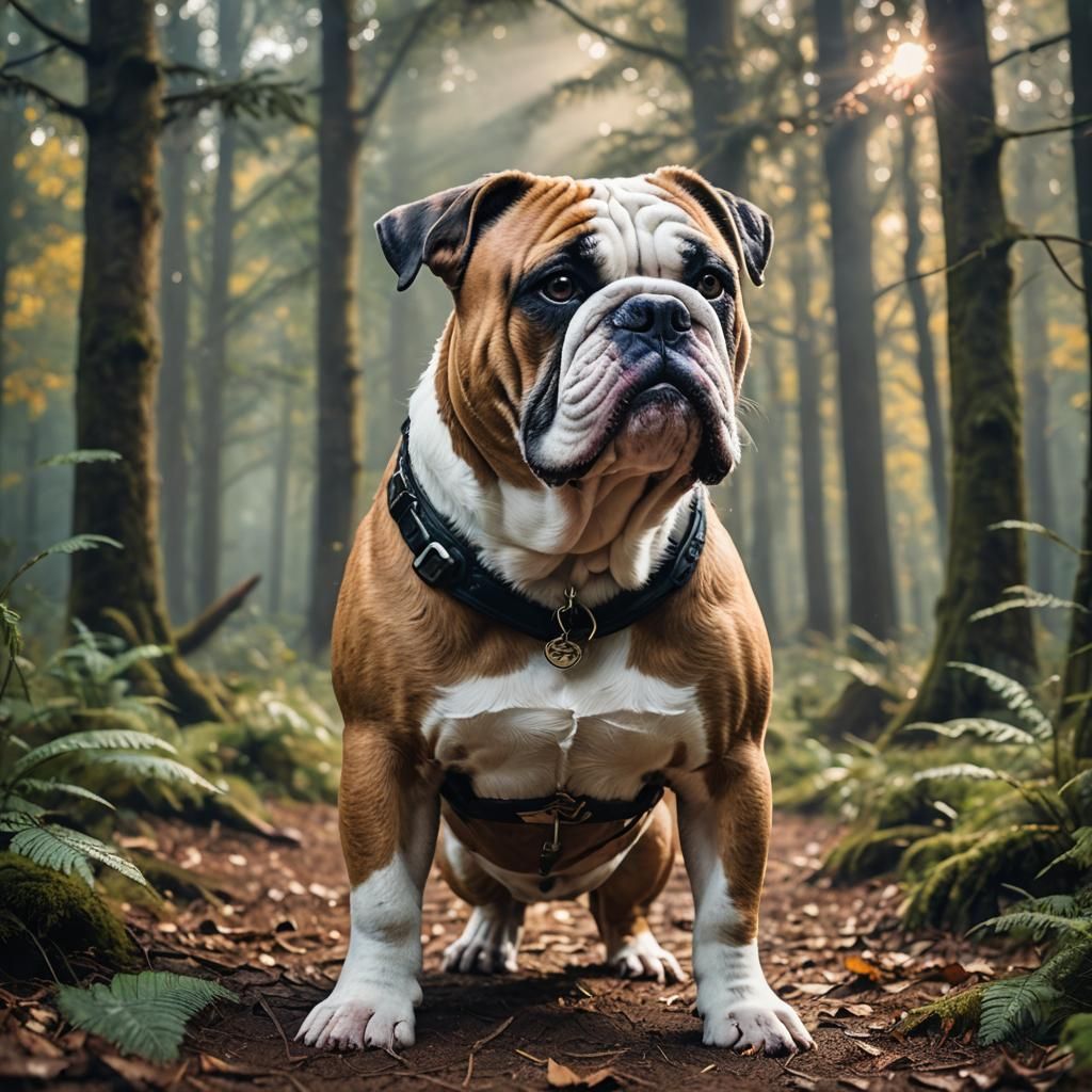 Old English Bulldog Portrait in Forest, Bokeh