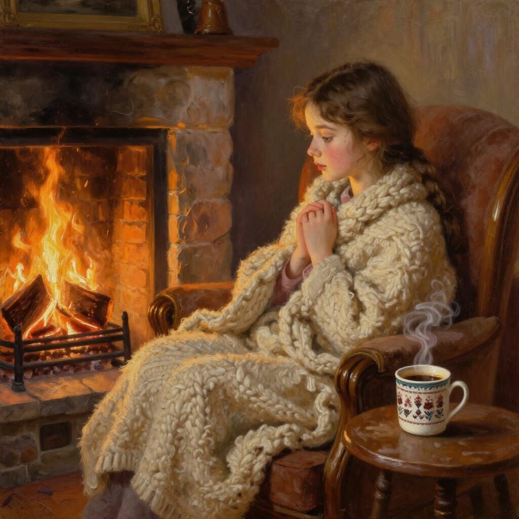 Cozy Girl by Fireplace in Warm Oil Painting