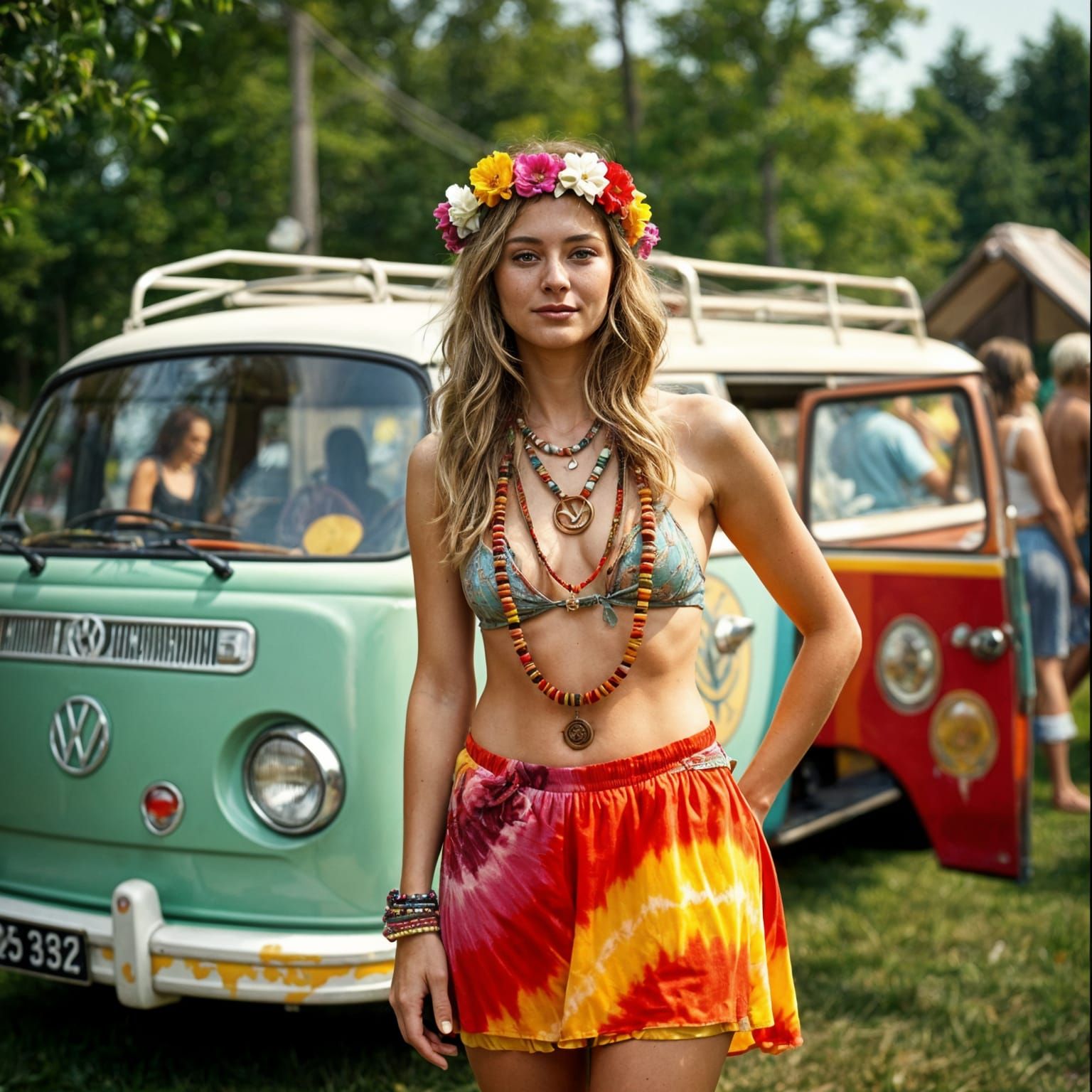 Vibrant 1960s Hippie Woman at Music Festival in Vintage Koda...
