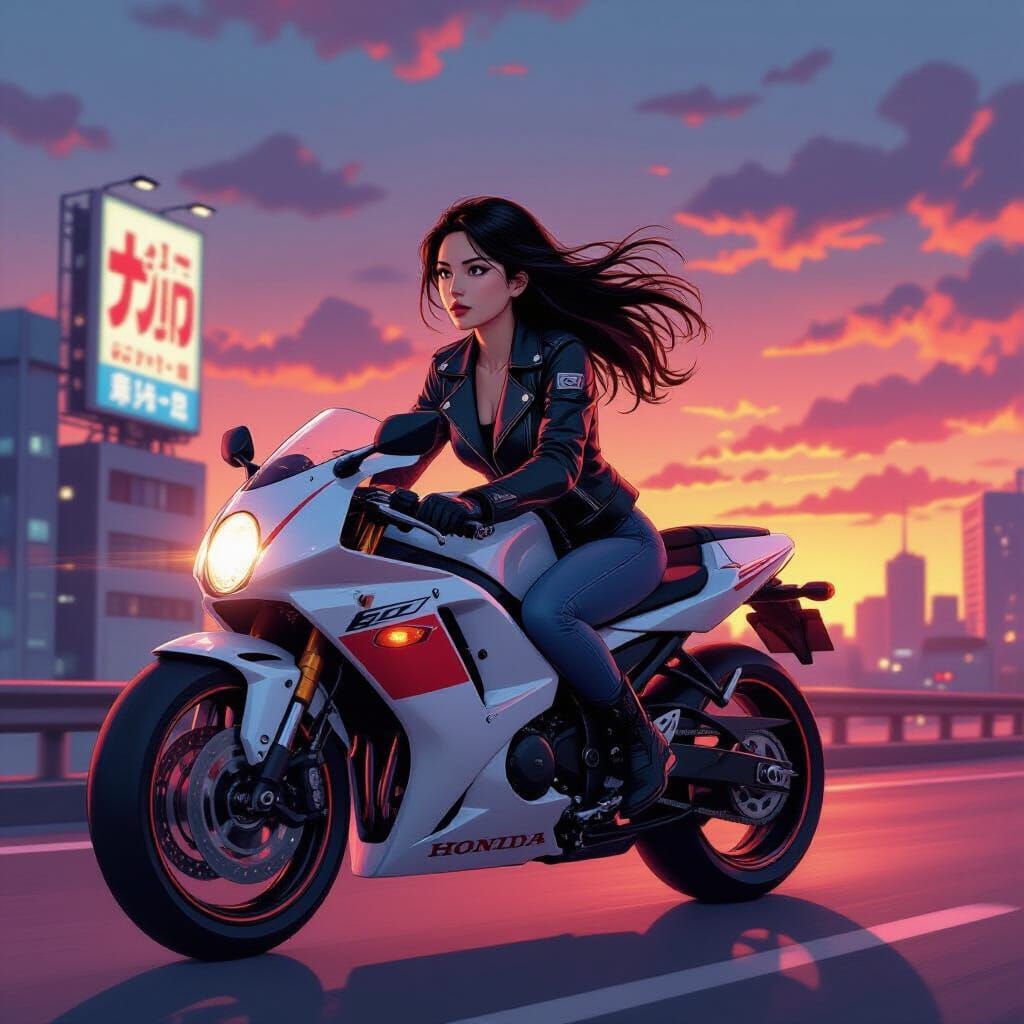 Japanese Woman Rides Motorcycle in Manga Style