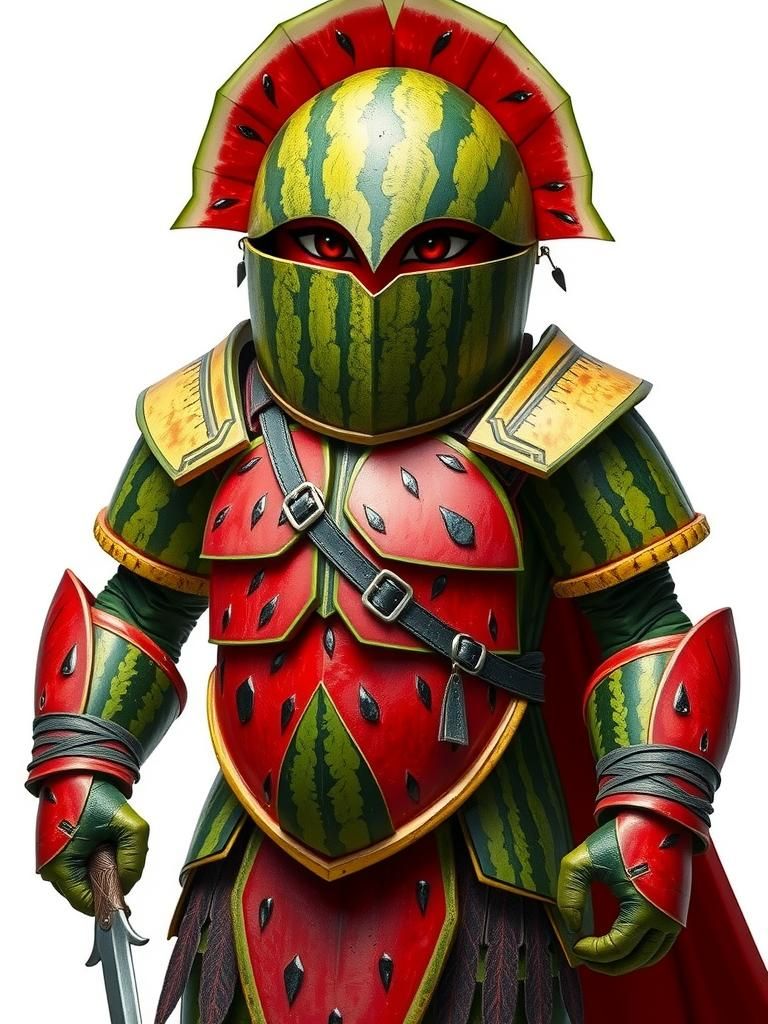 Watermelon Warrior in Vibrant Armor, Fantasy Art